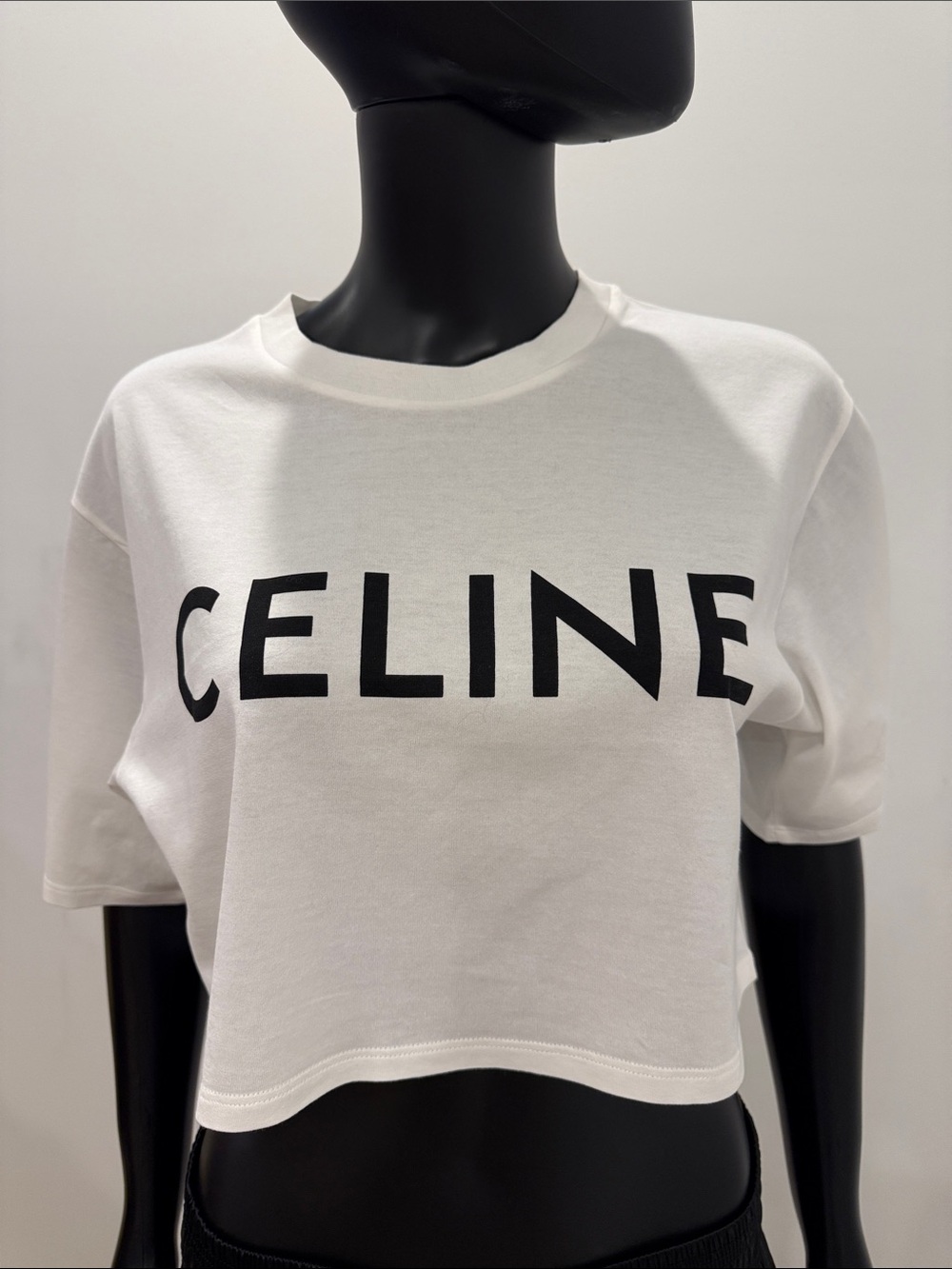 Celine Paris White Boxy Cropped Logo T-Shirt Tee Size S 100% Cotton
